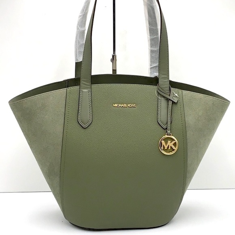 MICHAEL KORS PORTIA LARGE TOTE ARMY GREEN COLOR PEBBLED LEATHER/SUEDE - Picture 1 of 16
